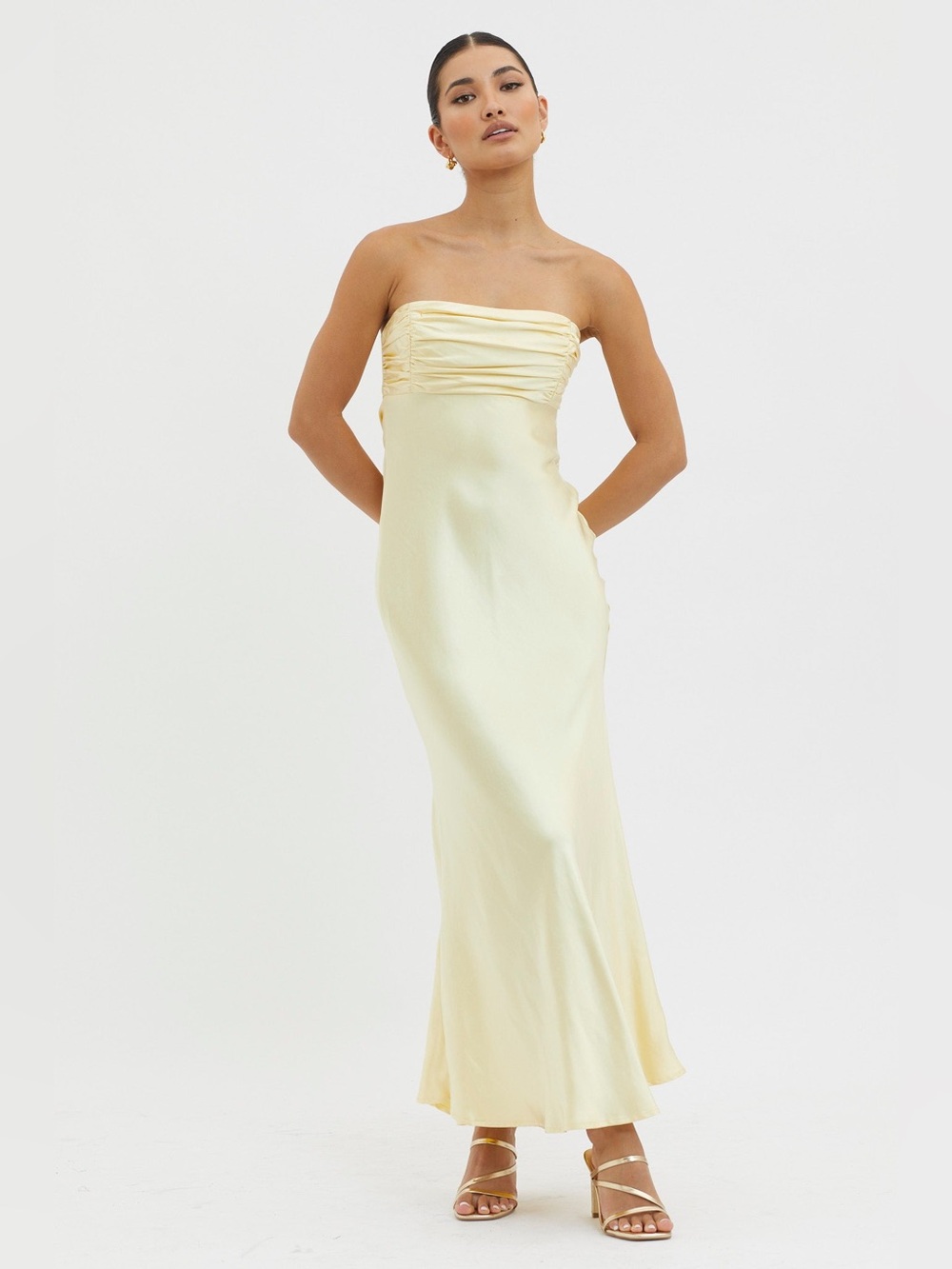 $115 NWT Selfie Leslie Moon Song Strapless Laced Back Dress Butter Yellow M - Picture 9 of 9